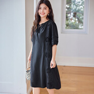 慕姍詩(shī)怡（MsShe）【拼接鏤空刺繡】MsShe大碼女裝2025新款夏裝胖mm巨顯瘦V領(lǐng)連衣裙 黑色現(xiàn)貨 2XL