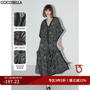 COCOBELLA波普印花7米+蕾絲鑲邊蝙蝠袖連衣裙度假大碼長裙FR7040 普魯士藍 M