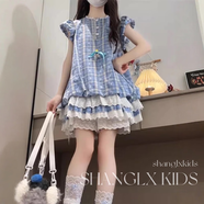 女童別致裙子泡泡袖格子連衣裙兒童學(xué)院風(fēng)蛋糕裙夏季2025新款大童 單件- 藍(lán)色連衣裙 120