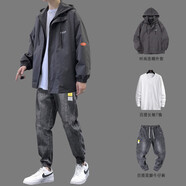gxmy【三件套】外套男2024春秋季潮男穿搭套裝男裝搭配一套帥氣上衣服 128深灰色+內(nèi)搭白t+D903灰色 2XL【140-160斤