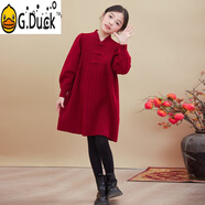 G.DUCKKIDS加絨女童針織毛衣裙子中式盤扣大童拜年服連衣裙秋冬季兒童新年裝 紅色毛衣裙 150 cm