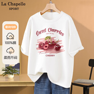 La Chapelle Sport拉夏貝爾純棉短袖t恤女裝夏季寬松休閑百搭顯瘦潮牌時尚圓領(lǐng)上衣 白色(比刷櫻桃) S /155（推薦85-100斤）