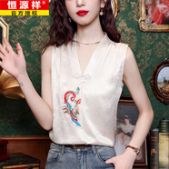恒源祥民族風(fēng)醋酸吊帶背心女夏裝新中式外穿無(wú)袖襯衣國風(fēng)刺繡袖上衣 圖片色 XL