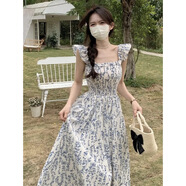 溥畔小飛袖連衣裙夏季新款小清新溫柔背帶裙修身高腰顯瘦長裙 圖片色 S
