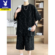 花花公子2025新款休閑運(yùn)動(dòng)冰絲套裝男夏季潮牌痞帥炸街短袖短褲青少年夏裝 T6631黑色 L 100-120斤可穿