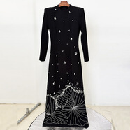 現貨2025早春新款歐美設計師明星禮服長(cháng)裙重工釘珠鑲鉆長(cháng)款連衣裙 黑色 S
