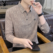 花花公子（PLAYBOY）長(zhǎng)袖t恤男春秋季2025新款潮流時(shí)尚上衣男休閑百搭圓領(lǐng)打底衫男裝 卡其 XL