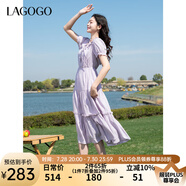 lagogo莫奈紫顯白荷葉邊浪漫裙女拉谷谷2025年夏季新款收腰連衣裙 淺紫色 M