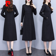 皮爾卡丹（pierre cardin）毛呢灰色連衣裙女長(cháng)袖2025新款女中老年呢子媽l媽冬季大l碼長(cháng)裙 千鳥(niǎo)格 M 90-100斤