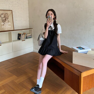 東鯨歲時(shí)記卡奶裙學(xué)院風(fēng)女夏甜美可愛(ài)紺色吊帶裙襯衫連衣裙套裝東京歲時(shí)記jk 假兩件連衣裙 贈送領(lǐng)結內帶打底褲 XL