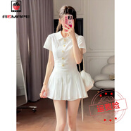 AEMAPE夏季新款學(xué)院風(fēng)豎紋肌理感翻領(lǐng)短袖連衣裙女紐扣設(shè)計(jì)感收腰百褶裙 白色 XL