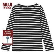 無印良品 MUJI 女式 粗棉線條紋長袖T恤 黑*橫條 S