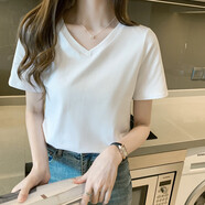 佐敘短袖t恤女2025年夏季新款白色純棉高級感輕奢V領(lǐng)短袖打底正肩上衣 白色 L （108-120斤）