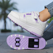 ZGR暴走鞋男童鞋2025春季透氣雙網(wǎng)運動(dòng)鞋飛行四輪可收縮兒童輪滑鞋 白紫[自動(dòng)款四輪]升級款自動(dòng)收放 32