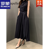 羅蒙背心連衣裙女夏季韓系chic法式優(yōu)雅堆堆領(lǐng)綁帶收腰顯瘦中長(cháng)裙子女 藏青色 S