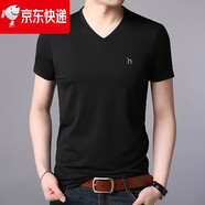 HAZZYS哈吉斯新款夏季男士純棉短袖t恤雞心領(lǐng)高端V領(lǐng)半袖t恤衫男短袖t恤 黑色 V領(lǐng) M 165/(建議90-120斤)