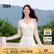 森馬（Semir）【云柔親膚】長袖t恤女短款V領(lǐng)修身上衣24年新款插肩袖休閑薄外套 粉色調(diào)01315 M