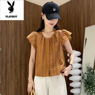 花花公子（PLAYBOY）法式刺繡蕾絲小飛袖襯衫女2025夏天設計感韓系減齡洋氣娃娃衫上衣 南瓜色(前面有內襯) S