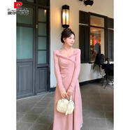 皮爾卡丹設計感毛毛V領(lǐng)粉色長(cháng)袖連衣裙女春秋冬裝氣質(zhì)溫柔收腰顯瘦長(cháng)裙子 蜜桃粉【2025年新款/御姐/清純/ S