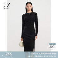 玖姿·安娜蔻優(yōu)雅簡約開叉羊毛提花X型修身連衣裙女2024春款 素黑 L