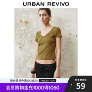 UR2025春季新款女時(shí)尚基礎(chǔ)純色修身短款V領(lǐng)短袖T恤UWB450004 綠棕 M