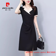 皮爾卡丹（pierre cardin）新中式國風(fēng)氣質(zhì)短袖連衣裙收腰顯瘦大碼女裝中長裙子2025夏季新款 黑色 L 建議90-105斤