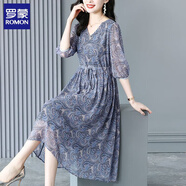 羅蒙（ROMON）連衣裙女2025夏季新款貴夫人氣質(zhì)洋氣收腰顯瘦法式復(fù)古碎花雪紡裙 高貴灰藍(lán) L 建議95-110斤