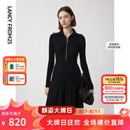 朗姿法式翻領(lǐng)顯瘦高級(jí)感針織連衣裙ol風(fēng)氣質(zhì)小黑裙春季新款 夜幕黑色 XL