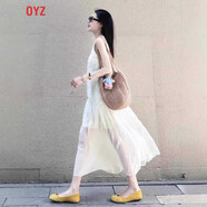 OYZ夏裝2025新款法式無(wú)袖掛脖白色連衣裙女設(shè)計(jì)感顯瘦網(wǎng)紗拼接長(zhǎng)裙子 白色 S