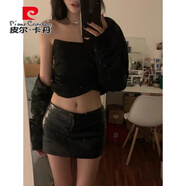 皮爾卡丹（pierre cardin）黑色皮裙半身裙女秋冬2025新款低腰辣妹性感歐美街頭a字包臀短裙 黑色 XS