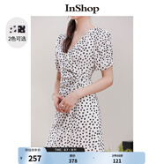 InShop【商場同款】新款側(cè)圓環(huán)褶皺氣質(zhì)連衣裙女浪漫碎花茶歇長裙 白花 S