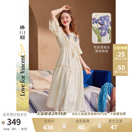 兩三事度假風(fēng)法式連衣裙女茶歇24夏季復(fù)古刺繡方領(lǐng)短袖裙子嗜好冷鳶 米杏色 M