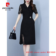 皮爾卡丹（pierre cardin）中年媽媽鏤空蕾絲短袖連衣裙收腰顯瘦遮肚中長款裙子夏季新款 黑色 L 建議90-105斤