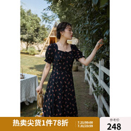 獨束大碼女裝抽繩設計碎花連衣裙女夏季新款胖mm法式茶歇裙 黑底紅花  2XL