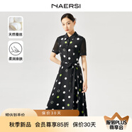 娜爾思（NAERSI）連衣裙桑蠶絲中長款襯衫裙黑色圓點(diǎn)中腰A字裙新款 黑色 XL