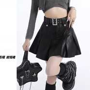 凱姿兔黑色高腰包臀皮裙女秋冬PU短裙辣妹百褶半身裙 黑色 S