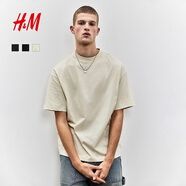 H&M男裝T恤2024年秋季新品休閑柔軟棉質(zhì)直筒圓領(lǐng)短袖上衣1074658 淺米色040 S 170/92