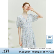 范思藍(lán)恩23FS12521茶歇法式雪紡碎花連衣裙女夏V領(lǐng)海邊度假長裙子 白底紫花 S