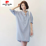 皮爾卡丹（pierre cardin）棉麻條紋襯衫連衣裙中長(cháng)薄款亞麻文藝衫短袖polo裙衛衣運動(dòng)T恤裙 藍色 S