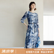 顏域圓領(lǐng)七分袖連衣裙春裝女2024年新款中長(zhǎng)款連身裙時(shí)尚氣質(zhì)裙子 藍(lán)花 XL
