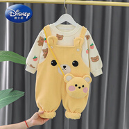 迪士尼（Disney）背帶褲女童春裝2025新款加絨潮童裝洋氣兒童衣服一歲寶寶春秋套裝 黃色 90 cm