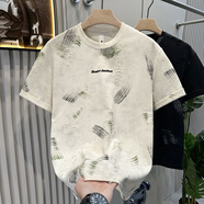 南極人（Nanjiren）美式破洞短袖男夏季痞帥涂鴉刺繡半袖體恤2025新款圓領(lǐng)潮牌t恤男 杏色 2XL 建議150-165斤