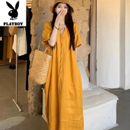 花花公子（PLAYBOY）大碼女裝胖mm多巴胺寬松遮肉V領燈籠袖百搭連衣裙減齡顯瘦休閑裙 明亮黃-旗艦款 S _建議90-115斤