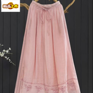 初徑棉麻文藝森女系帶半身裙單層中長(cháng)裙春夏季刺繡繡花A字大擺裙 粉色-單層 M 建議80-110