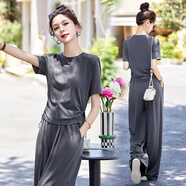 愛依服休閑設(shè)計感套裝女2025年夏季新款抽皺T恤+闊腿長褲顯高顯瘦兩件套 灰色 S