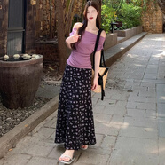 FSHE法式復(fù)古性感一字肩修身顯瘦紫色上衣夏季高腰百搭碎花中長裙套裝 淡雅紫兩件套 淡雅紫上衣+夜空黑 S 建議70-90斤