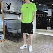 花花公子短袖t恤男套裝夏季圓領(lǐng)寬松快干上衣服男短袖短褲兩件套運動男裝 CY167綠色 M/165