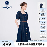 Navigare意大利小帆船短袖連衣裙女士夏季百搭A(yù)字裙時尚顯瘦復(fù)古牛仔長裙 海軍藍(lán) XL 碼