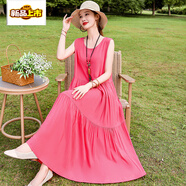 初徑法式感連衣裙女夏季新款寬松大碼超長(cháng)款棉綢碎花背心裙子 西瓜紅 XL 95到118斤
