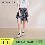 西遇格紋半身裙女2025年夏季新款不規(guī)則下擺綁帶設(shè)計感高腰短裙 藍(lán)色 M (27)